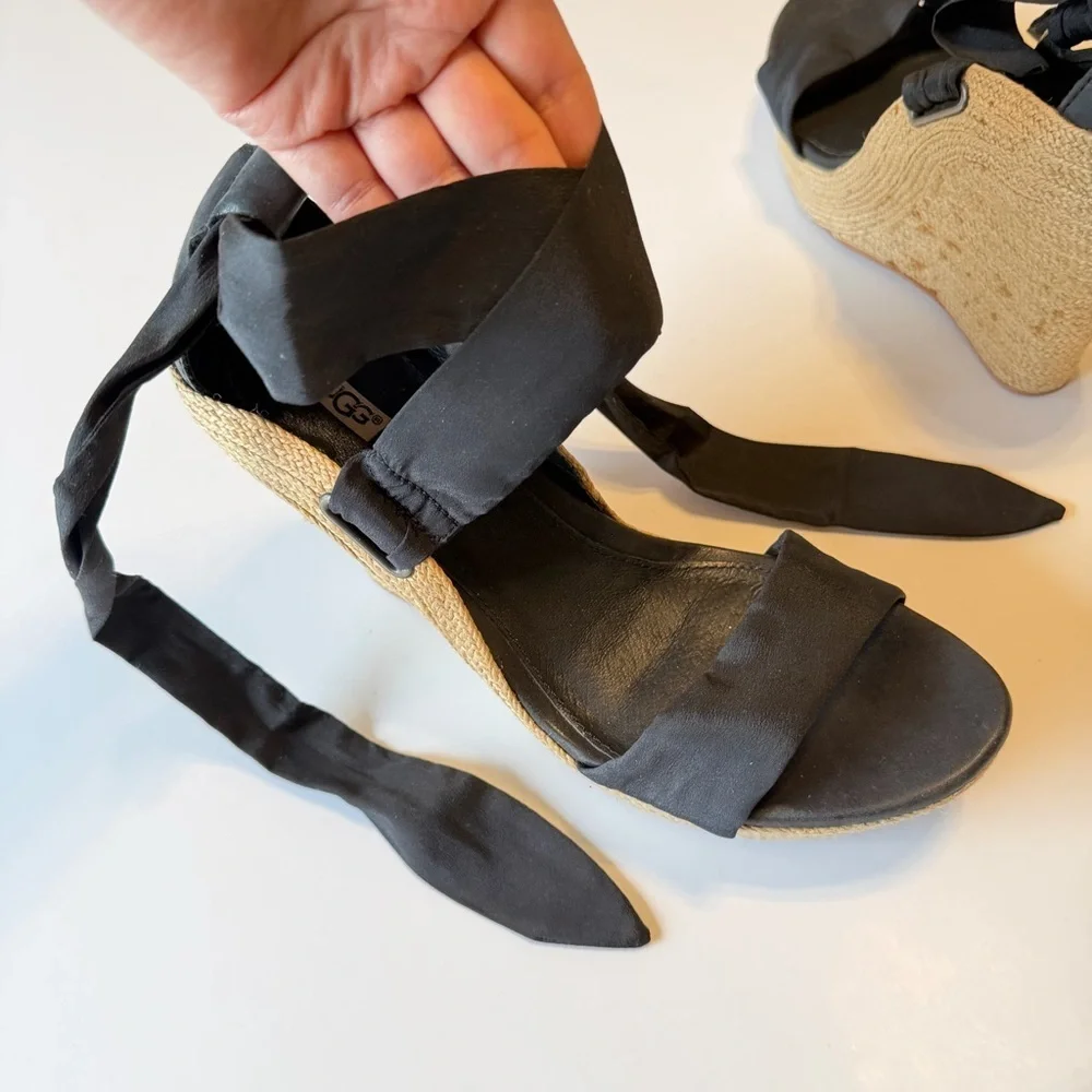 UGG Jules Black Wedge Sandal with ribbon ankle ties, open toe, size 8.5US